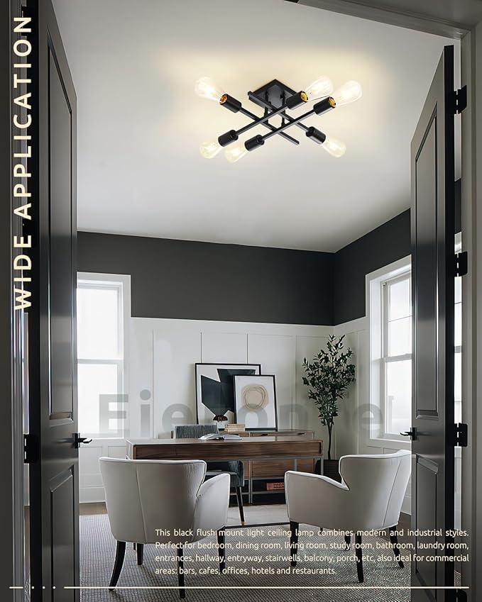 6-Light Semi Flush Mount Ceiling Light Fixture, Industrial Black Close to Ceiling Lighting, Modern E26 Base Sputnik Chandelier Ceiling Lamp for Kitchen Bedroom Living Room Hallway, 2 Pack