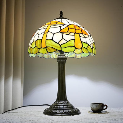 Tiffany Style Table Lamp with Brown Mushrooms Stained Glass Lamp 12 Inch Retro Bronze Base Bedside Lamp Living Rooms, Offices, Stores. Village Life Style Decorative Ambient Light Bedside Lamp