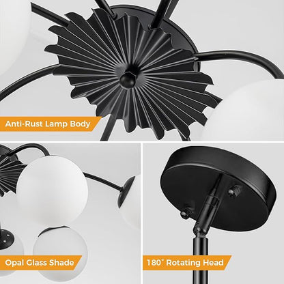 Longree 8-Light Black and White Sputnik Chandeliers with Milk Glass Pendant Light Fixture, with Blossom Accent Mid Century Frosted Glass Bubble Ceiling Lighting for Dining Entry Living Room