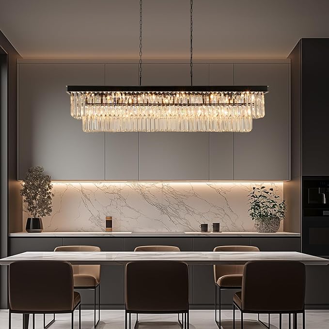 Weesalife Crystal Chandeliers for Dining Room Light Fixtures Over Table，18-Lights Black Modern Rectangle Chandeliers for Kitchen Island Bar L46 Inch