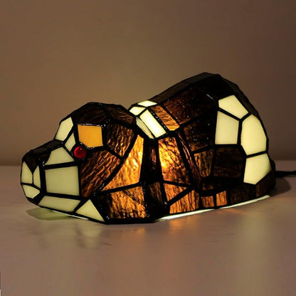 Small Tiffany Lamp Stained Glass Animal Table Lamp Mini Accent Desk Light (Brown White Dog)