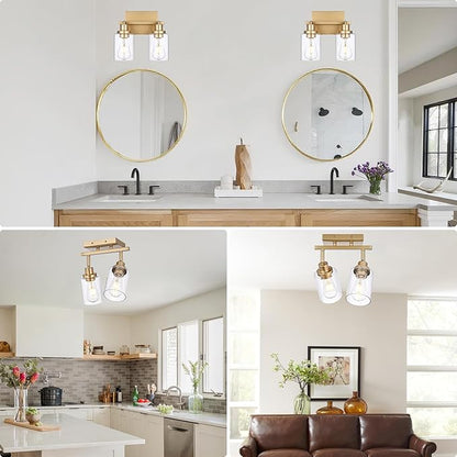 2-Light Track Lighting Fixtures Gold Finish, Multi-Directional Rotating Ceiling Tracking Lights with Clear Glass, Modern Bathroom Wall Vanity Lights Track Lighting Kits for Kitchen Accent Shop