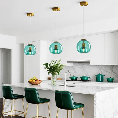Light Blue Glass Pendant Lights Kitchen Island Gold Hanging Light Fixture Glass Globe Pendant Light Modern Pendant Lighting for Kitchen Island Bedroom Dining Room (7.87", 3 Pack)