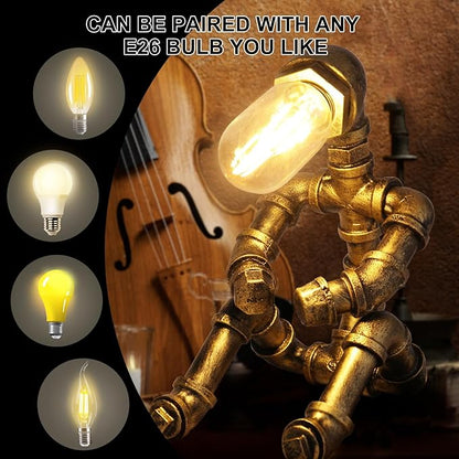 Steampunk Decor Table Lamp for Men Unique Creative Robot Style Desk Lamp,Vintage Industrial Metal Pipe Water Pipe Light, Home Decor Ideal for Bedrooms,Study. (Bronze C)