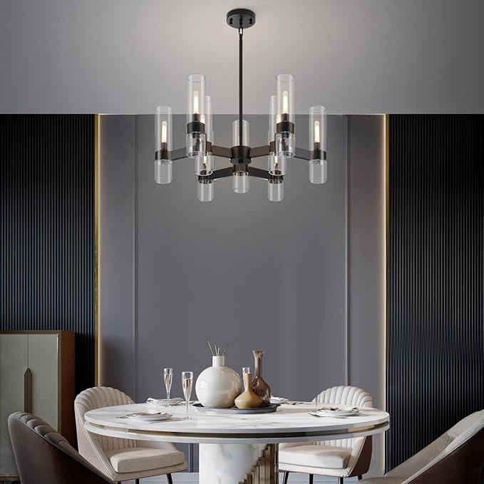 9 Light Black Chandelier, Modern Farmhouse Chandeliers for Dining Room Light Fixtures Over Table, Kitchen Island Lighting Fixture with Clear Glass Cover for Living Room Kitchen Island Bedroom Foyer