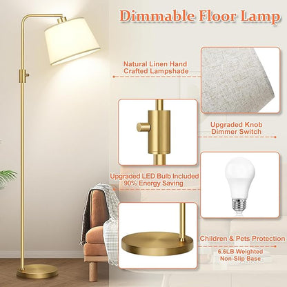 【Upgraded】 Dimmable Floor Lamp, 1000 Lumens LED Edison Bulb Included, Arc Floor Lamps for Living Room Modern Standing Lamp with Shade, Tall Lamps for Living Room Bedroom Office Dining Room - Gold