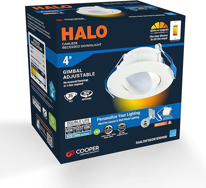HALO RA 4 in Canless LED Recessed Downlight with Adjustable Gimbal, Selectable Lumens and Selectable Color Temperatures, Dim-to-Warm Technology, Damp Location Rated - RA4LS9FSD2W1EWHDM