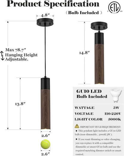 ELYONA Modern Pendant Light Fixtures, Walnut Wood Grain & Matte Black Metal, Industrial Cylinder Hanging Pendant Light for Kitchen Island Dining Room Bedroom Living Room, GU10 LED Bulb Included