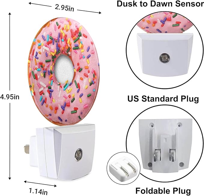 Pink Donut Dusk to Dawn Night Light Sweets Snacks Donut with Sprinkles Night Lights Plug in into Wall Auto Sensor LED Lighting with for Women Girls Gift