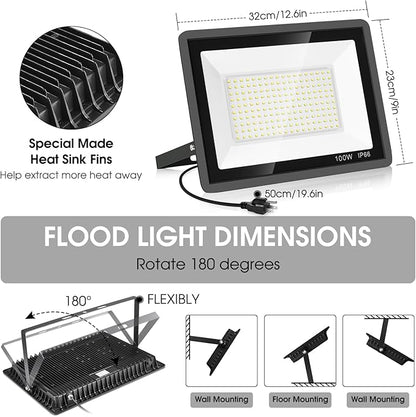 YANYCN 3 Pack 100W Led Flood Lights Outdoor,Super Bright 11600LM Security Lights with Plug,Exterior IP66 Waterproof 5000K Daylight White FloodLight for Basketball Court, Yard, Garden, Playground