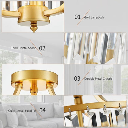 12.2'' Modern Gold Crystal Ceiling Light Fixture Farmhouse 3-Light Semi Flush Mount Drum Chandelier for Dining Room, Bedroom, Kitchen, Hallway, Entryway, Foyer, E12 - MJ055GD