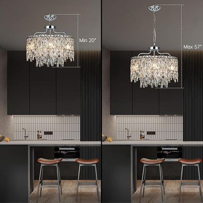 Chrome Crystal Chandelier, Modern Luxury Round Dining Room Chandeliers Over Table，6 Lights Chrome Ceiling Pendant Lighting for Dining Room Bedroom Entryway Foyer Staircase