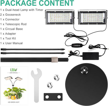 LBW Grow Light for Indoor Plant,Full Spectrum Dual Heads Desk Plant Light,Grow Lamp with 3H/6H/12H Timer,6-Level Brightness,3 Lighting Mode,Height Adjustable,Flexible Gooseneck,Ideal for Indoor Growth