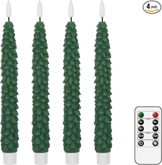 GenSwin Christmas Tree Flameless Taper Candles Flickering with Remote Timer, Real Wax LED Battery Operated Candles Warm 3D Wick Christmas Home Wedding Decor(Green, 0.78 X 9.64 Inch)