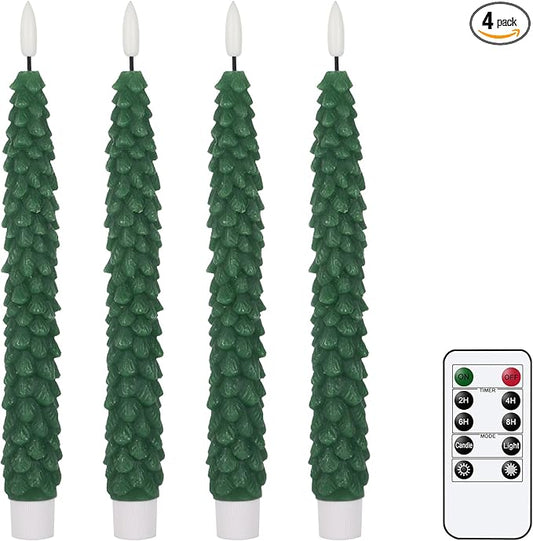 GenSwin Christmas Tree Flameless Taper Candles Flickering with Remote Timer, Real Wax LED Battery Operated Candles Warm 3D Wick Christmas Home Wedding Decor(Green, 0.78 X 9.64 Inch)