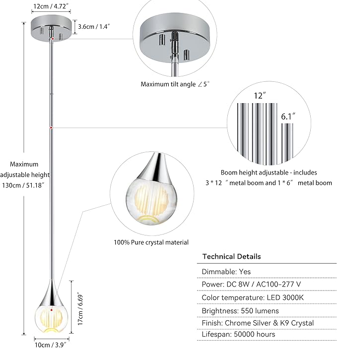 3-Pendant Lights Kitchen Island, Chrome Silver Globe Crystal Ceiling Hanging Light Fxitures, LED Light Fixtures Metal Rod Ceiling Glass Pendant Lighting for Kitchen Island Dining Room Bar