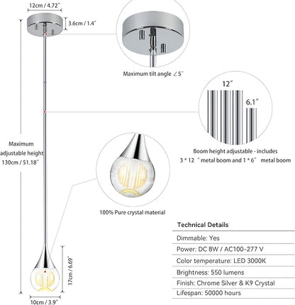 3-Pendant Lights Kitchen Island, Chrome Silver Globe Crystal Ceiling Hanging Light Fxitures, LED Light Fixtures Metal Rod Ceiling Glass Pendant Lighting for Kitchen Island Dining Room Bar