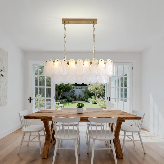 KELUOLY Modern Glass Chandelier 8-Light Rectangle Gold Brass Chandelier Luxury Oval 2-Tiers Crystal Cloud Glass Pendant Ceiling Light for Dining Room Living Room Kitchen Island L31.5'' (E12)