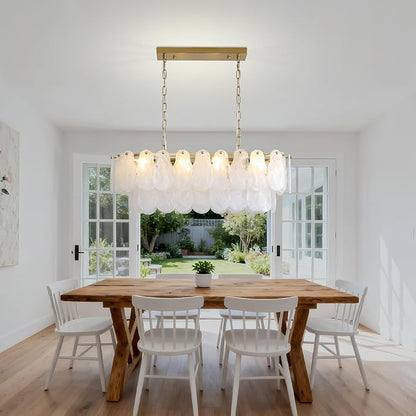 KELUOLY Modern Glass Chandelier 8-Light Rectangle Gold Brass Chandelier Luxury Oval 2-Tiers Crystal Cloud Glass Pendant Ceiling Light for Dining Room Living Room Kitchen Island L31.5'' (E12)