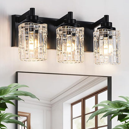 Bathroom Light Fixtures, 3-Light Black Bathroom Vanity Light, Modern Wall Sconces with Clear Glass Shade, Black Wall Lights for Mirror Kitchen Bedroom Hallway, E26 Base