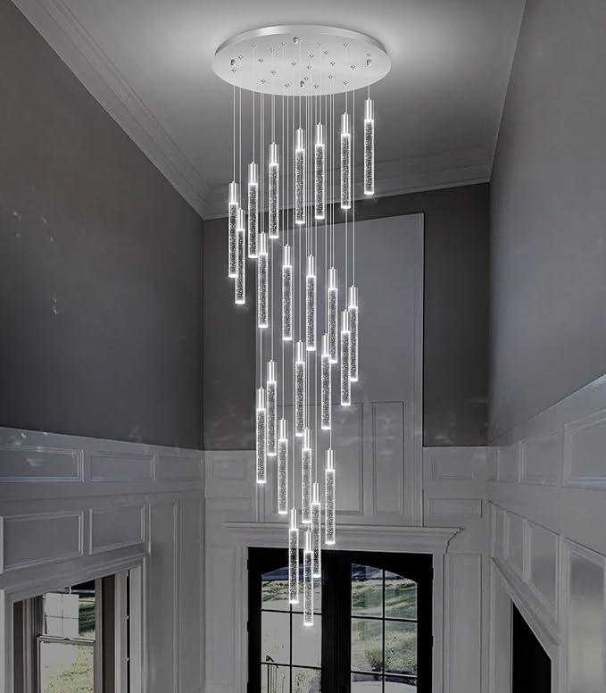 HAIXIANG W24 x H157 Glam Chandelier Bubble Crystal Ceiling Chandeliers Remote Dimmable LED Light High Ceiling Pendants Light Fixtures Adjustable Long Lights 24-Lights Silver Lamp
