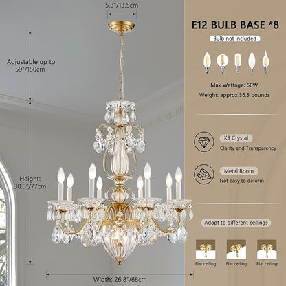 Crystal Chandelier for Dining Room, 8-Light Vintage Brass Chandelier, Pendant Ceiling Light Fixture for Living Room Hallway Entryway Foyer Staircase 30.3" H x 26.8" D