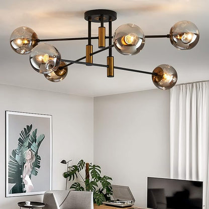 DDLLDESHI 6-Light Glass Globe Sputnik Chandelier Modern Matte Black and Gold Ceiling Light Fixture Vintage Hanging Chandeliers for Farmhouse Living Room, Kitchen Dining Room Bedroom