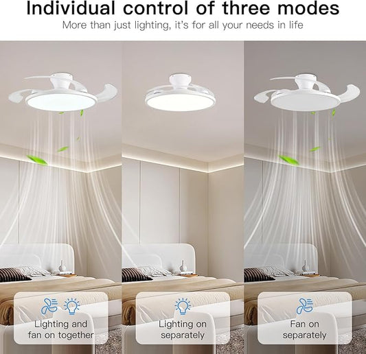 AHAWILL Retractable Ceiling Fan with Lights,42 Inch Low Profile Ceiling Fan with Remote Control,Retractable Blades,Dimmable Full Spectrum,Modern Fandelier for Bedroom Living Room Dinning Room,White
