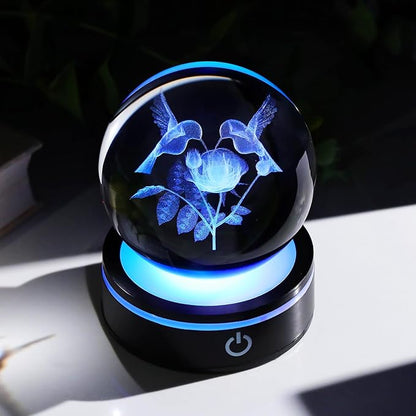 YWHL 3D Hummingbird Crystal Ball Figurine with LED Base, Hummingbird Gifts for Women Men on Birthday Christmas, Glass Decorative Hummingbirds with Rose Ball Night Light for Home Decor (80mm)