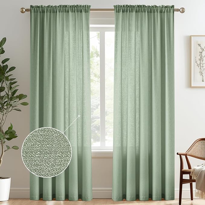 Melodieux Sage Green Semi Sheer Curtains 96 Inches Long for Living Room, Bedroom Faux Linen Texture Farmhouse Rod Pocket Shiny Sheer Curtains Drapes Light Filtering, 52" W x 96" L, 2 Panels
