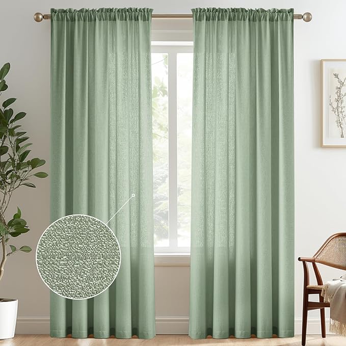 Melodieux Sage Green Semi Sheer Curtains 84 Inches Long for Living Room, Bedroom Linen Look Farmhouse Rod Pocket Shiny Sheer Curtain Drapes Light Filtering Home Office, 52" W x 84" L, 2 Panels
