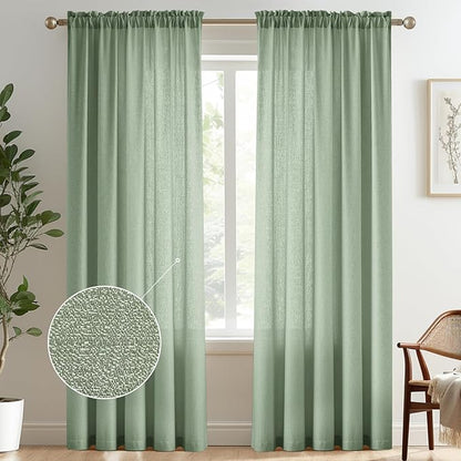 Melodieux Sage Green Semi Sheer Curtains 84 Inches Long for Living Room, Bedroom Linen Look Farmhouse Rod Pocket Shiny Sheer Curtain Drapes Light Filtering Home Office, 52" W x 84" L, 2 Panels