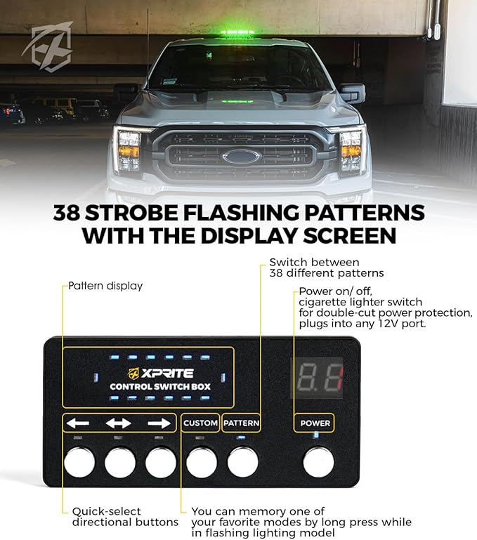 Xprite Green 42 LED Roof Top Strobe Beacon Light w/Control Panel, Magnetic Emergency Safety Warning Caution Plow Light Bar, for Law Enforcement POV Tractors Tow Trucks Snowplow -USA Flag Pattern