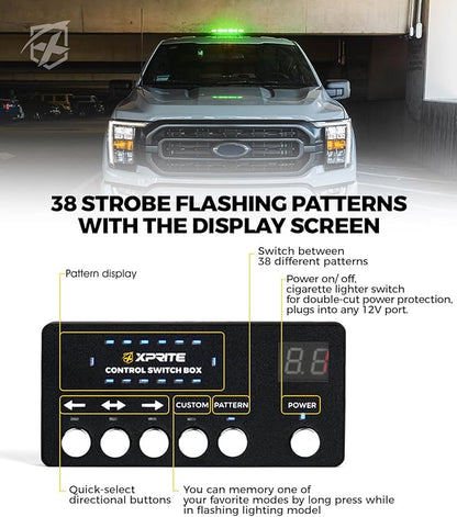 Xprite Green 42 LED Roof Top Strobe Beacon Light w/Control Panel, Magnetic Emergency Safety Warning Caution Plow Light Bar, for Law Enforcement POV Tractors Tow Trucks Snowplow -USA Flag Pattern