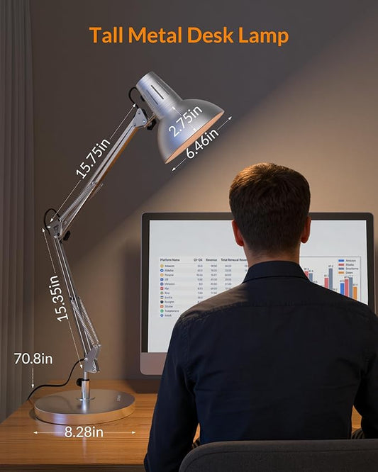 LEPOWER Metal Desk Lamp, Adjustable Goose Neck Architect Table Lamp with On/Off Switch, Swing Arm Desk Lamp with Clamp, Eye-Caring Reading Lamp for Bedroom, Study Room &Office (Silver)