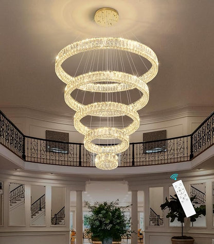 HAIXIANG 5-Rings Modern Chandelier with LED Dimmable Lights Crystal High Ceiling Chandeliers Lighting for Living Room Foyer Entryway Luxury Indoor Light Gold Fixtures