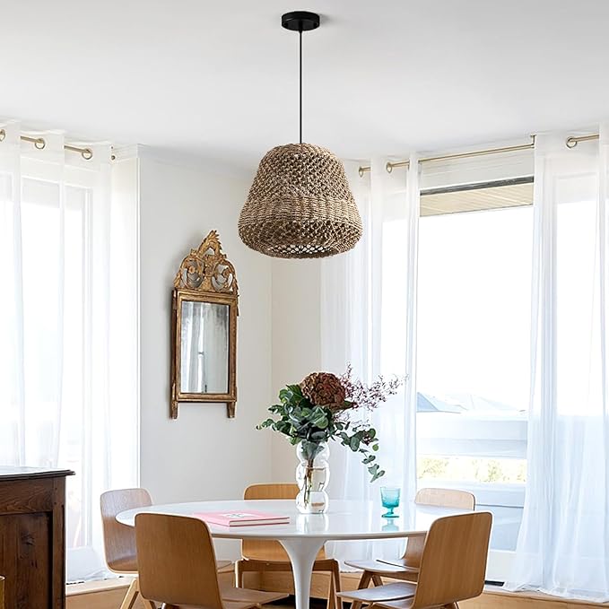 Brown Rattan Pendant Light 13.8in Farmhouse Woven Chandelier Rattan Lights Fixture Over Island Rustic Wicker Hanging Ceiling Lighting for Dining Room Kitchen Bedroom Entryway Restaurant Bar