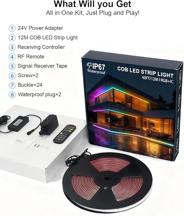 40ft COB LED Strip Lights Outdoor, COB Strips RGB Smart IC IP67 Waterproof Dimmable ,Color Flowing Tape Light with App Control & Music Sync, Dotless LED Light for Outdoor,Patio,Garden,Party Deco