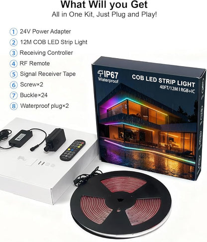 40ft COB LED Strip Lights Outdoor, COB Strips RGB Smart IC IP67 Waterproof Dimmable ,Color Flowing Tape Light with App Control & Music Sync, Dotless LED Light for Outdoor,Patio,Garden,Party Deco