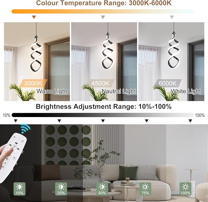 EIDISUNY 3 Pack Pendant Light Fixture, 15W Black Spiral Led Chandelier Hanging Lamp, 3000K-6000K, Dimmable Pendant Lamp, Adjustable Height Pendant Light for Kitchen Island Dining Room Bedroom Cafe