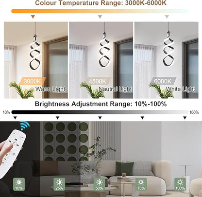 EIDISUNY 3 Pack Pendant Light Fixture, 15W Black Spiral Led Chandelier Hanging Lamp, 3000K-6000K, Dimmable Pendant Lamp, Adjustable Height Pendant Light for Kitchen Island Dining Room Bedroom Cafe
