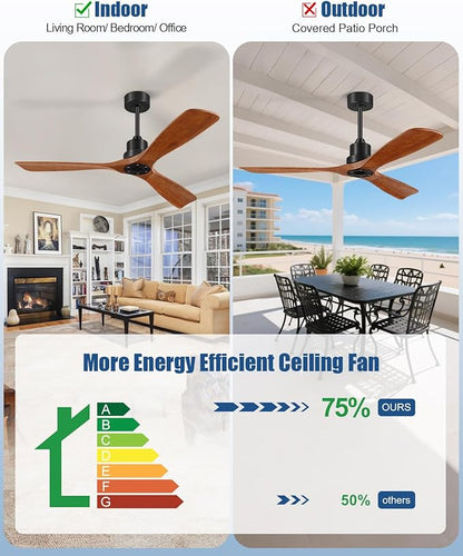 Ceiling Fans With Remote Control, Outdoor Ceiling Fan for Patios Indoor, 3 Downrods, 3 Blades, Timer, 6 Speed Reversible Quiet DC Motor Modern Fan Solid Wood Fan, 52in, Brown