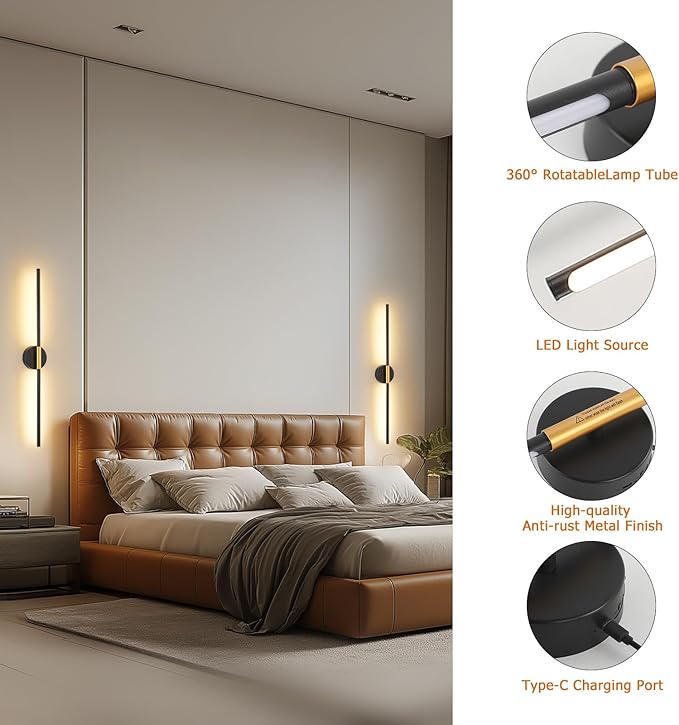 JOOSENLUX Battery Operated Wall Sconces Set of 2 – Gold & Black LED Wall Light, Dimmable, Remote‑Control, Adjustable Arm, Cordless Aluminum Modern Art Lamp