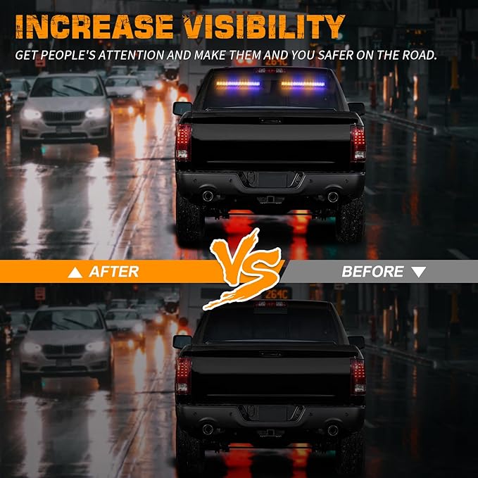 XRIDONSEN 2 in 1 Amber Blue Traffic Advisor Light Bar 144 LED Emergency Warning Safety Interior Windshield Dash Strobe Lights for Firefighter Police Construction Vehicles Trucks (2x17.7 inch)