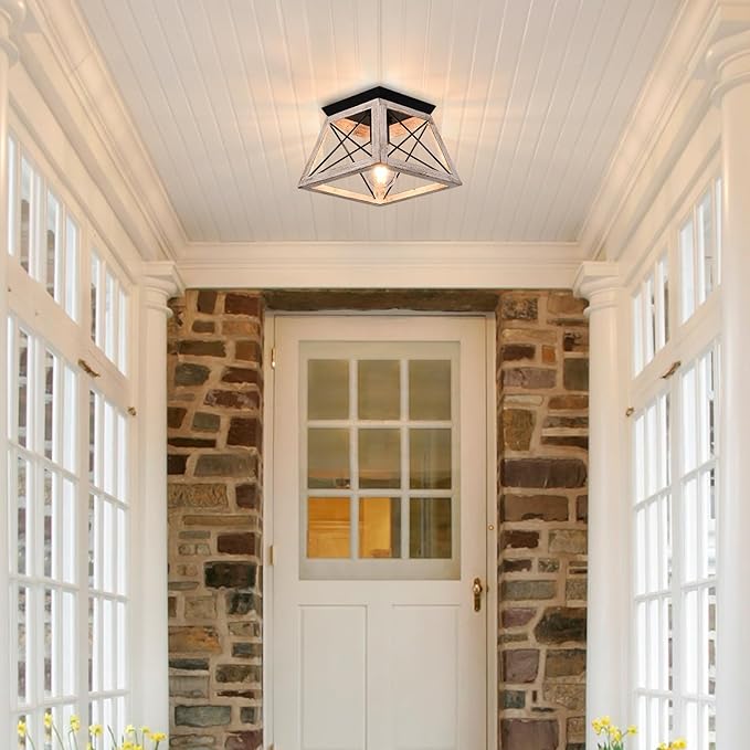Luupyia 9.84Inches Farmhouse Ceiling Light Fixture Semi Flush Mount, White Square Farmhouse Ceiling Light, Rustic Metal Island Overhead Lighting Fixtures for Dining Room Entryway Living Room, E26
