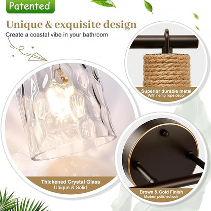 MOKATNG Bathroom Light Fixtures, 2-Light Coastal Vanity Lights with Crystal Glass Shade, Brown and Gold Bathroom Wall Lamp for Mirror Kitchen Hallway Cabinet