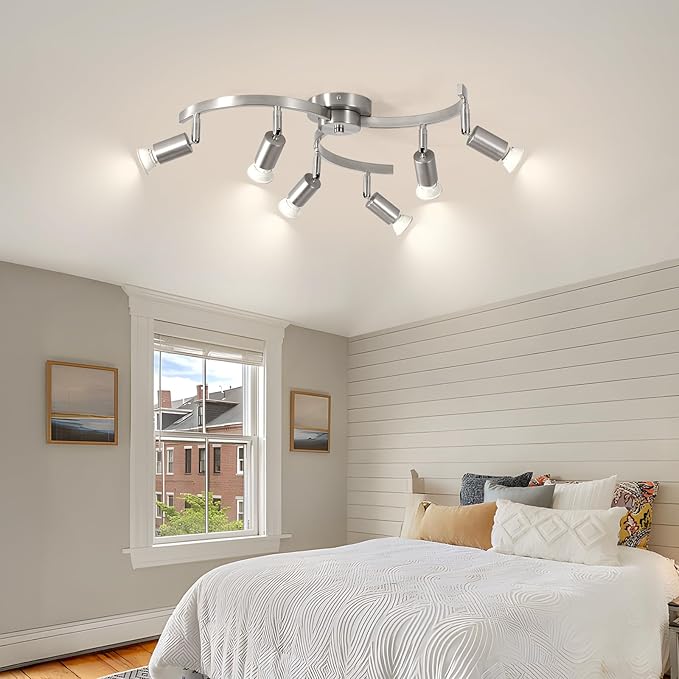 6 Light Track Lighting Fixtures Ceiling, Flexibly Rotatable Light Heads, Nickel Semi Flush Mount Ceiling Light for Kitchen Dining Room Living Room.Gu10 Bulb Base.