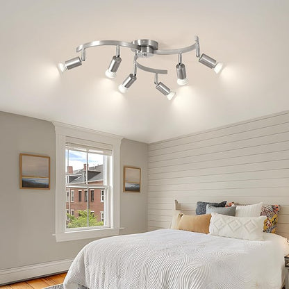 6 Light Track Lighting Fixtures Ceiling, Flexibly Rotatable Light Heads, Nickel Semi Flush Mount Ceiling Light for Kitchen Dining Room Living Room.Gu10 Bulb Base.