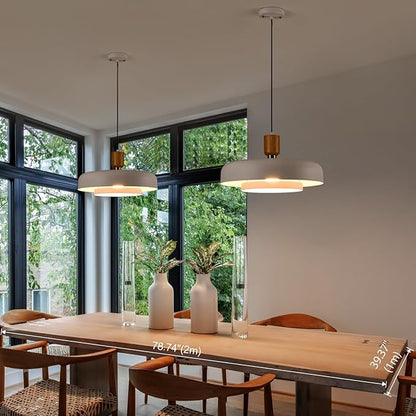Modern Large Pendant Light 19.68 inch, 2 Tiers Matte White Shade, Natural Wood and Brass Accent, Mid Century Chandelier for Dining Room,Kitchen,Living Room