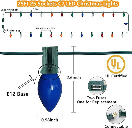 25Ft LED Christmas Lights Multicolor C7 Vintage Christmas Lights with 27 Colored Plastic LED Bulb Light(2 Spare), Old Fashioned Xmas Hanging Light Outdoor for Roof Patio Party Xmas Decor
